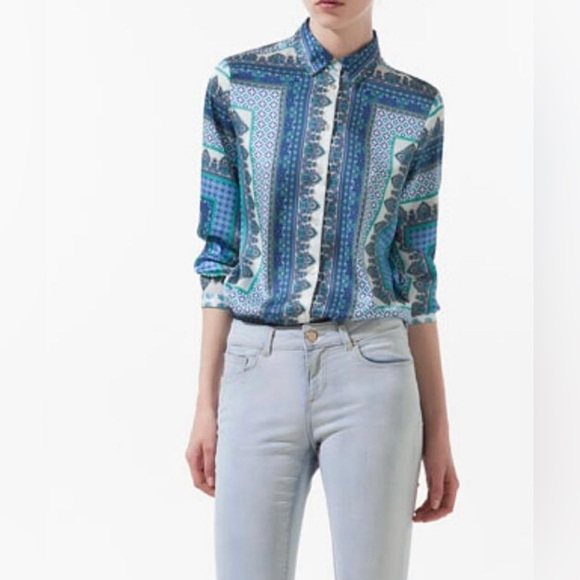 NEW Zara Women’s Scarf Print Silky Button Up Blouse Top Blue Sz M - Picture 1 of 11